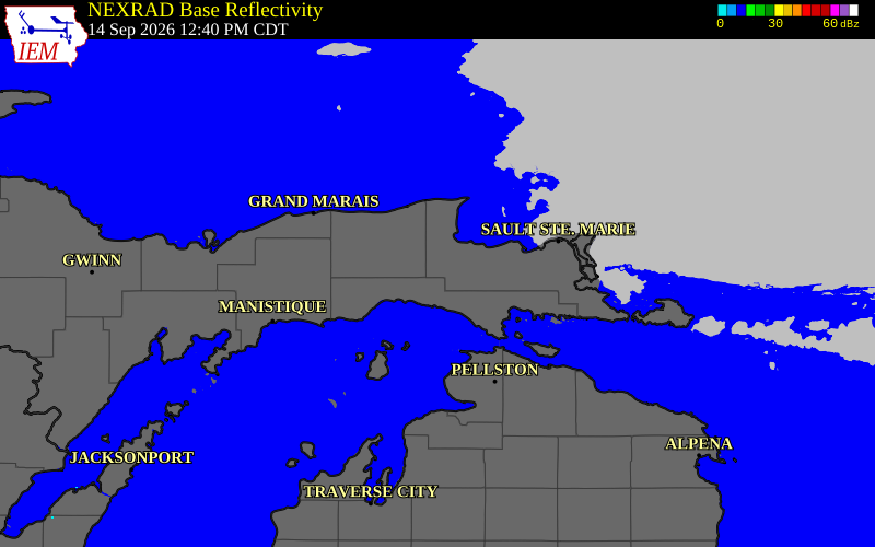 Current NEXRAD radar over Chippewa County, Michigan with recent storm report locations
