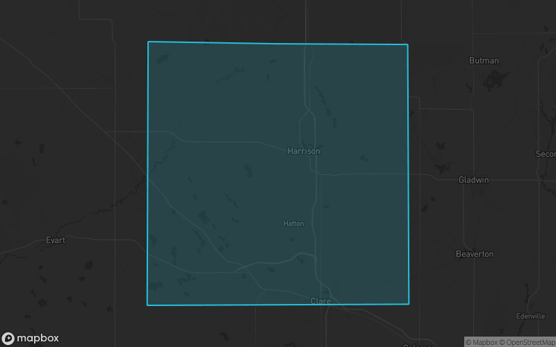 Map of Clare County, Michigan showing the county boundary and surrounding cities