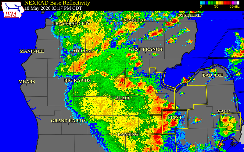 NEXRAD radar during the Monday, May 18, 2026 storm activity in Clare County, Michigan