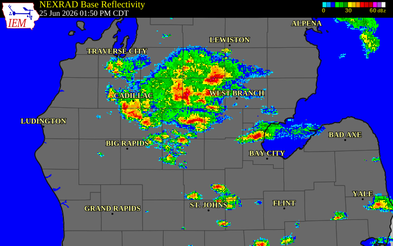 NEXRAD radar during the Thursday, June 25, 2026 storm activity in Clare County, Michigan
