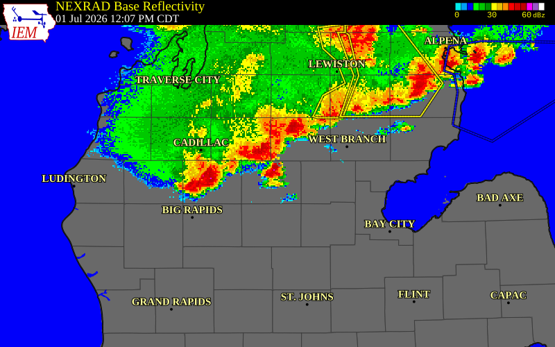 NEXRAD radar during the Wednesday, July 1, 2026 storm activity in Clare County, Michigan