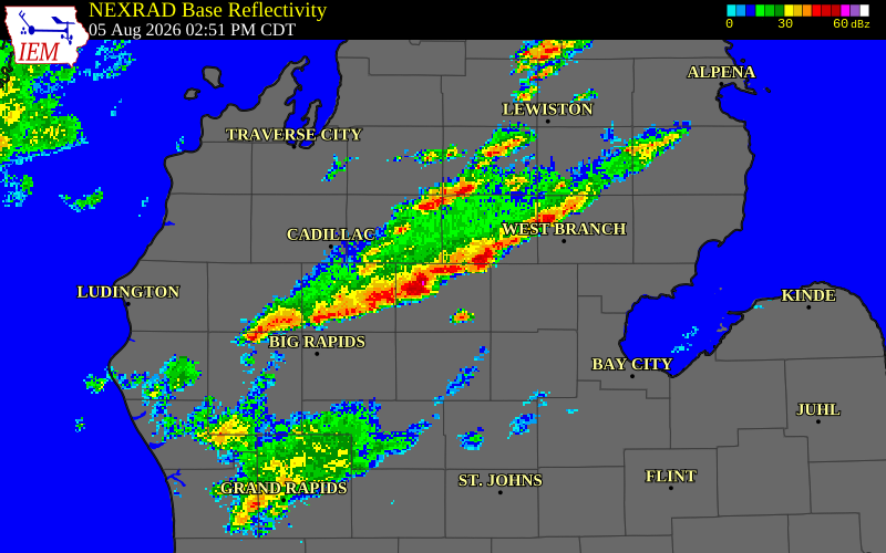 NEXRAD radar during the Wednesday, August 5, 2026 storm activity in Clare County, Michigan