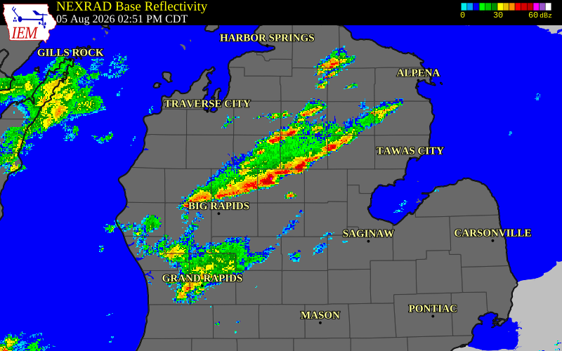Radar snapshot during the Aug 5, 2026 hail event near Clare County, Clare County, Michigan, with NWS warning polygons