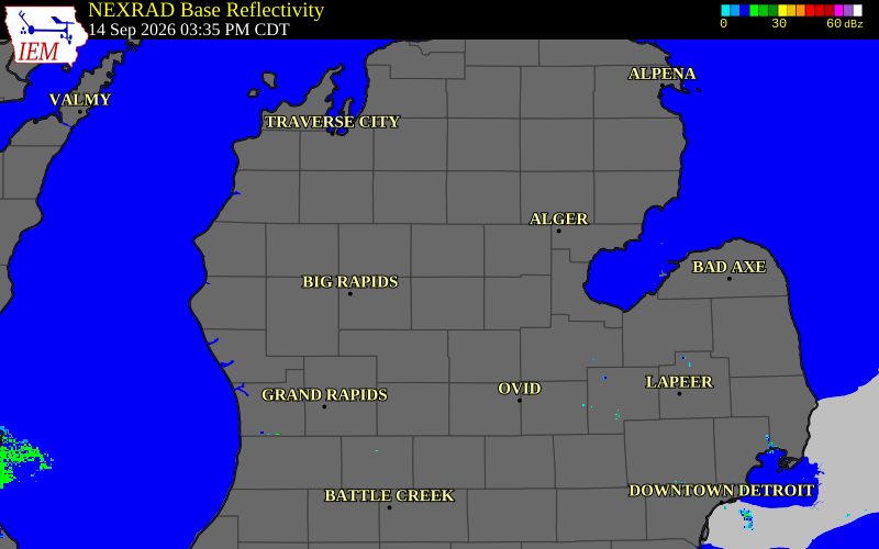 Current NEXRAD radar over Clare County, Michigan with recent storm report locations