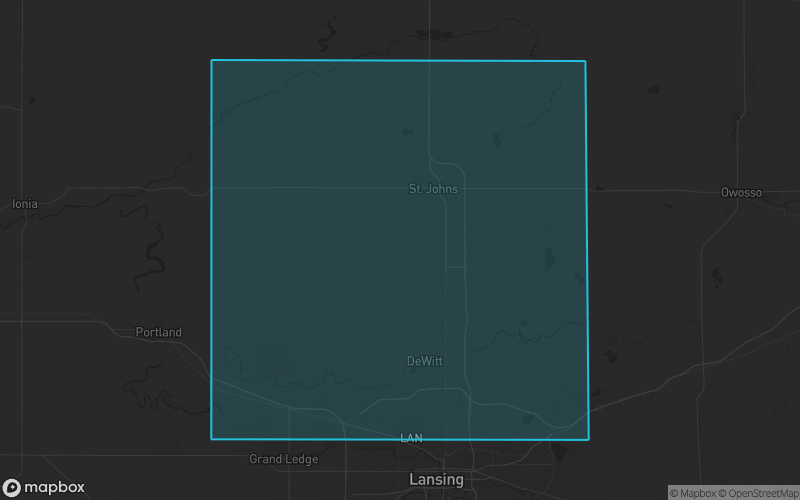 Map of Clinton County, Michigan showing the county boundary and surrounding cities