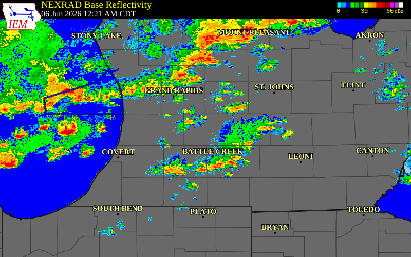 NEXRAD radar during the Saturday, June 6, 2026 storm activity in Clinton County, Michigan