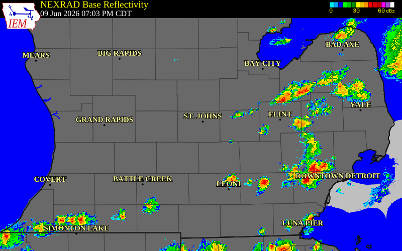 NEXRAD radar during the Tuesday, June 9, 2026 storm activity in Clinton County, Michigan