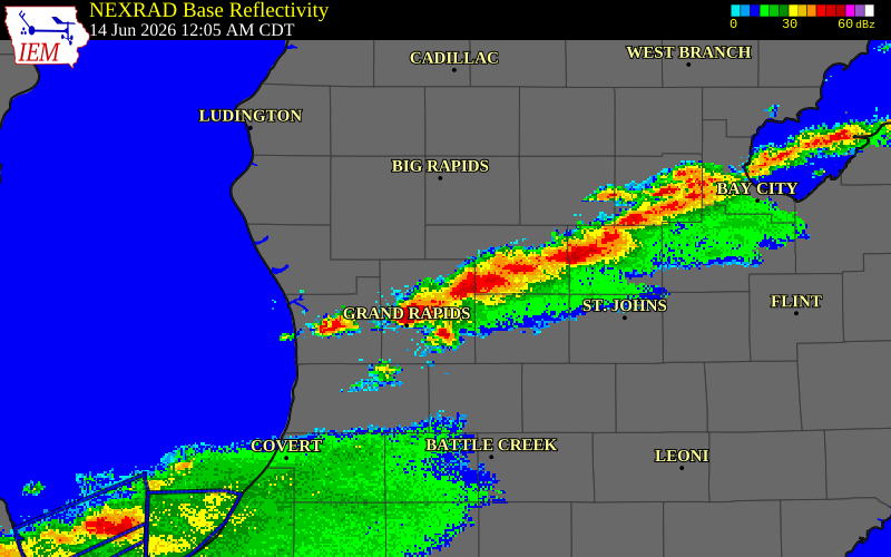 NEXRAD radar during the Sunday, June 14, 2026 storm activity in Clinton County, Michigan