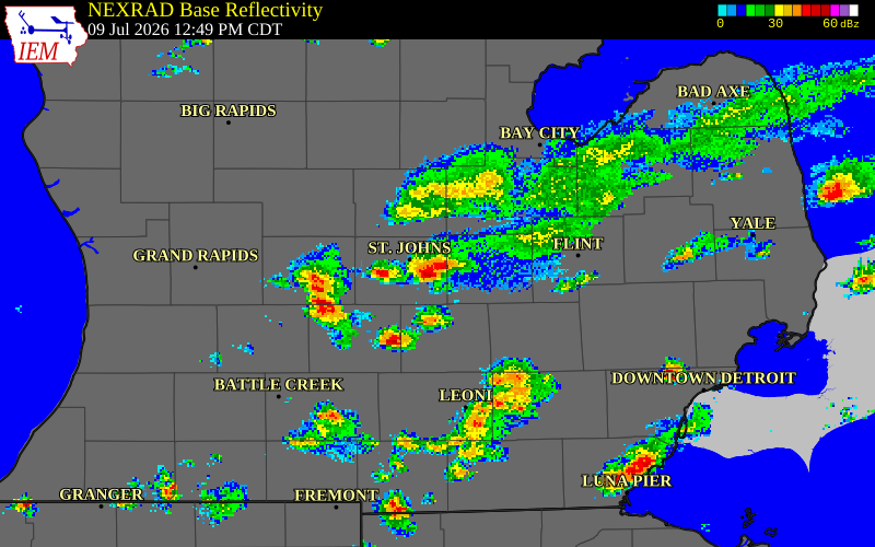 NEXRAD radar during the Thursday, July 9, 2026 storm activity in Clinton County, Michigan