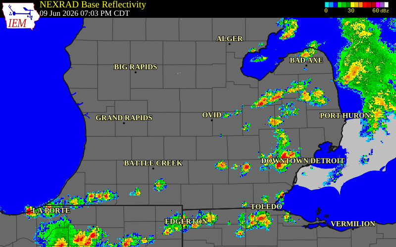 Radar snapshot during the Jun 9, 2026 wind event near 3 SSW Saint Johns, Clinton County, Michigan, with NWS warning polygons