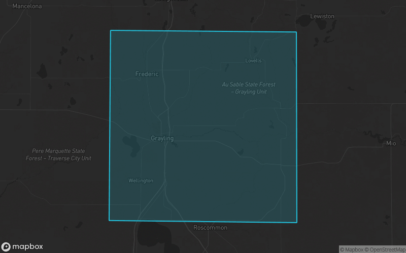 Map of Crawford County, Michigan showing the county boundary and surrounding cities
