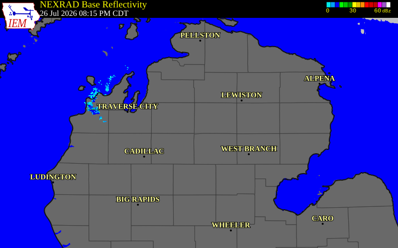 NEXRAD radar during the Sunday, July 26, 2026 storm activity in Crawford County, Michigan