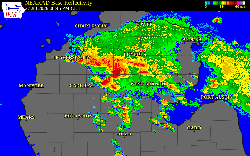 NEXRAD radar during the Monday, July 27, 2026 storm activity in Crawford County, Michigan