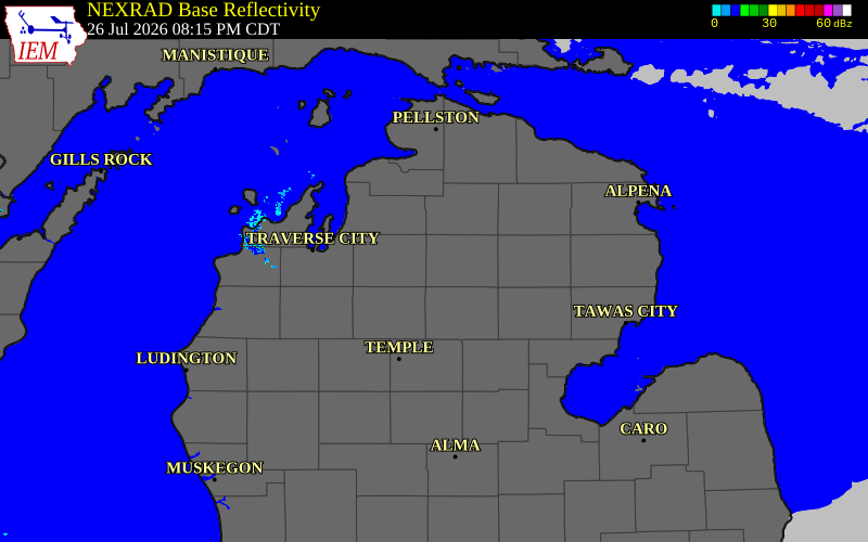Radar snapshot during the Jul 26, 2026 hail event near 5 WSW Grayling, Crawford County, Michigan, with NWS warning polygons