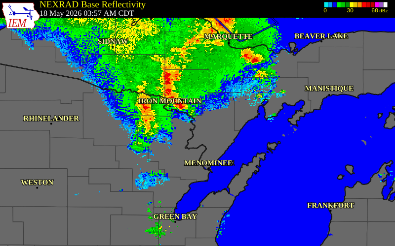 NEXRAD radar during the Monday, May 18, 2026 storm activity in Delta County, Michigan