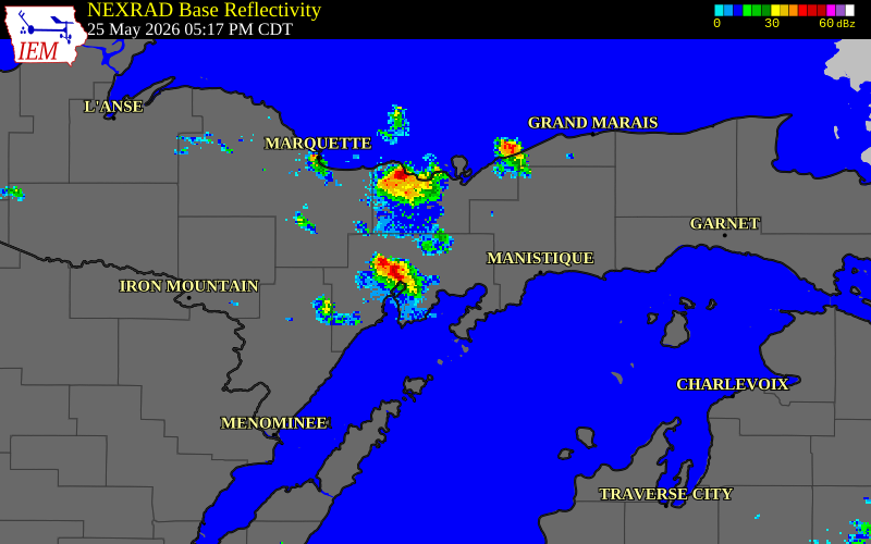 NEXRAD radar during the Monday, May 25, 2026 storm activity in Delta County, Michigan