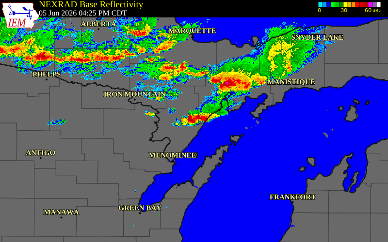 NEXRAD radar during the Friday, June 5, 2026 storm activity in Delta County, Michigan