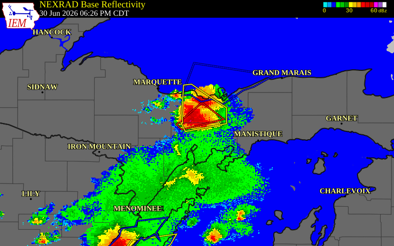 NEXRAD radar during the Tuesday, June 30, 2026 storm activity in Delta County, Michigan