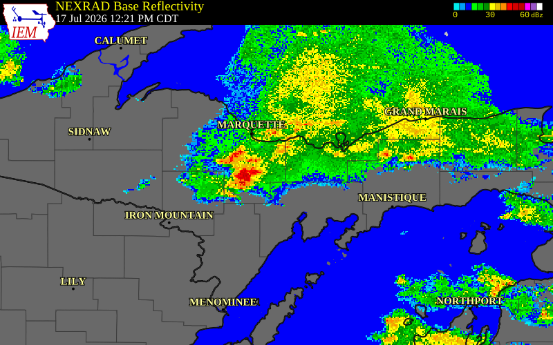 NEXRAD radar during the Friday, July 17, 2026 storm activity in Delta County, Michigan