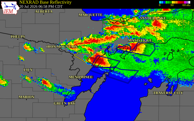 NEXRAD radar during the Monday, July 20, 2026 storm activity in Delta County, Michigan