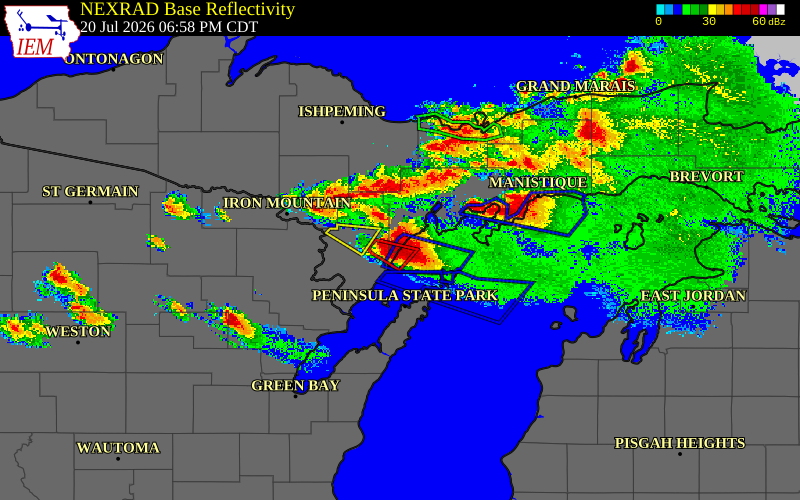 Radar snapshot during the Jul 20, 2026 tornado event near 8 ESE Gourley, Delta County, Michigan, with NWS warning polygons