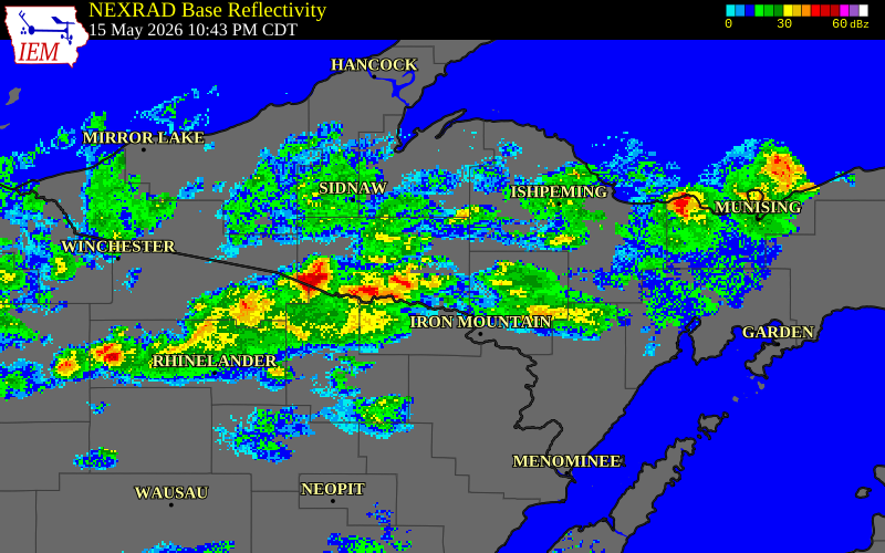 NEXRAD radar during the Friday, May 15, 2026 storm activity in Dickinson County, Michigan