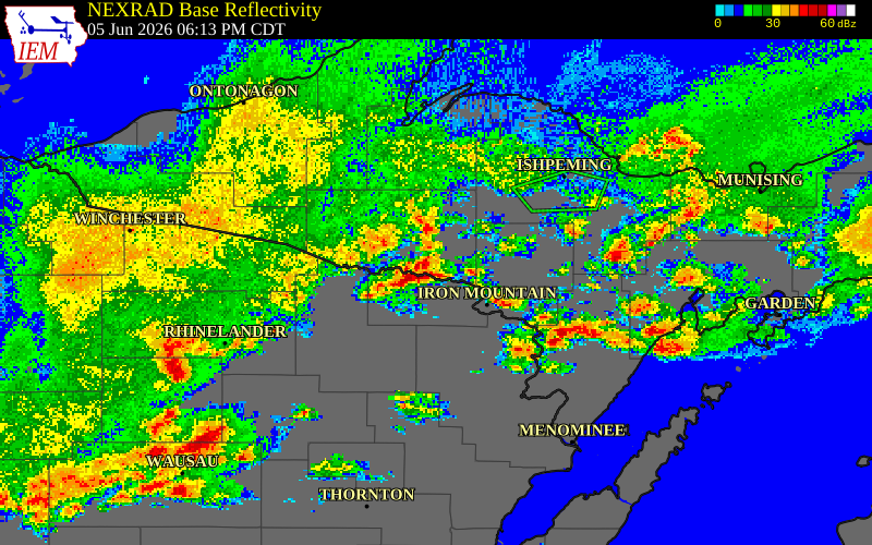 NEXRAD radar during the Friday, June 5, 2026 storm activity in Dickinson County, Michigan