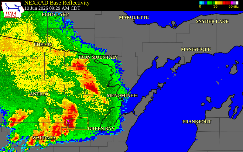 NEXRAD radar during the Wednesday, June 10, 2026 storm activity in Dickinson County, Michigan