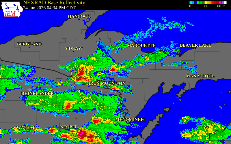 NEXRAD radar during the Wednesday, June 24, 2026 storm activity in Dickinson County, Michigan