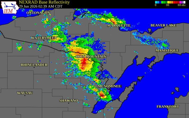 NEXRAD radar during the Monday, June 29, 2026 storm activity in Dickinson County, Michigan