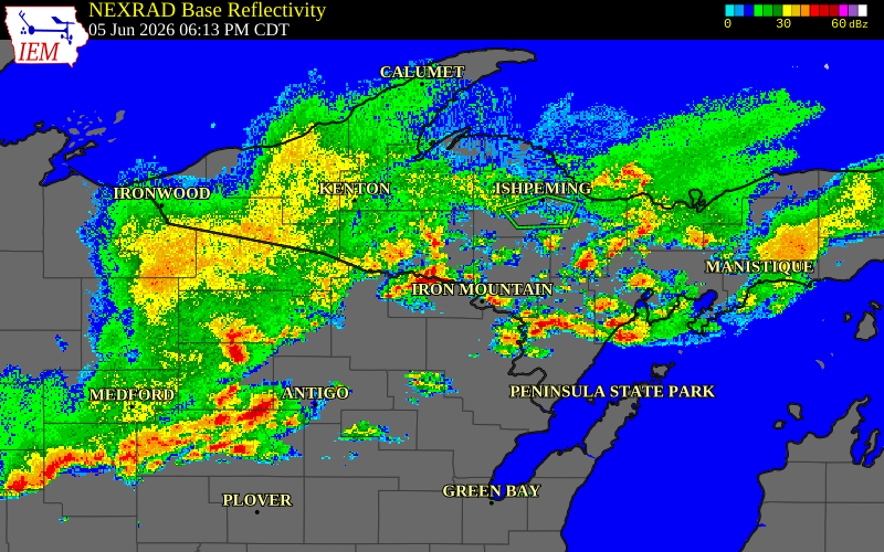 Radar snapshot during the Jun 5, 2026 hail event near Dickinson County, Dickinson County, Michigan, with NWS warning polygons