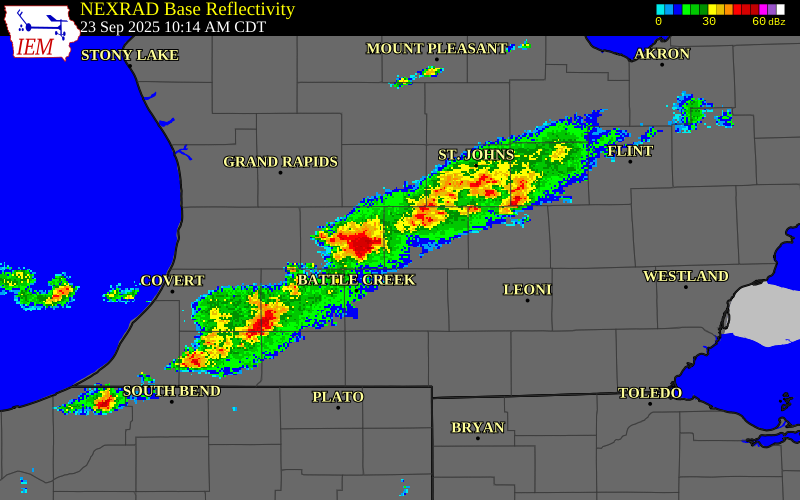 NEXRAD radar during the Tuesday, September 23, 2025 storm activity in Eaton County, Michigan