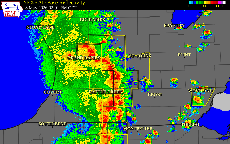NEXRAD radar during the Monday, May 18, 2026 storm activity in Eaton County, Michigan
