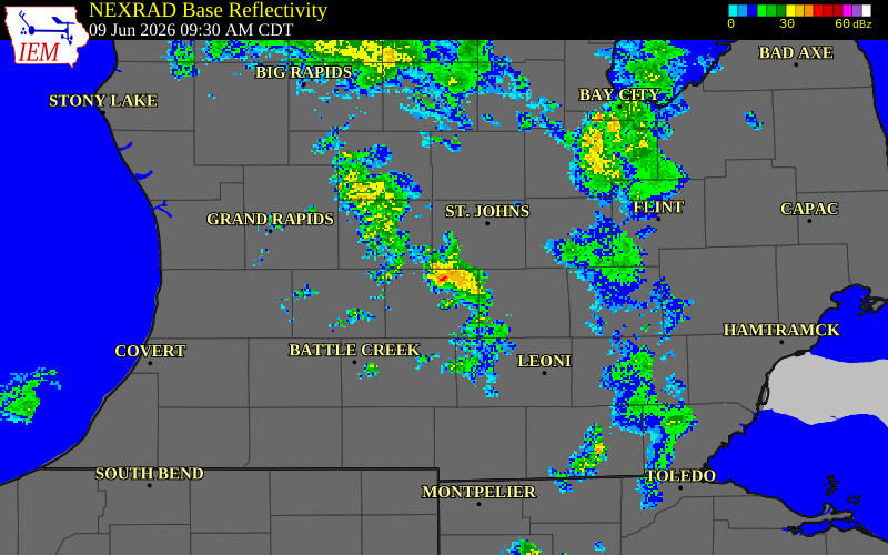 NEXRAD radar during the Tuesday, June 9, 2026 storm activity in Eaton County, Michigan