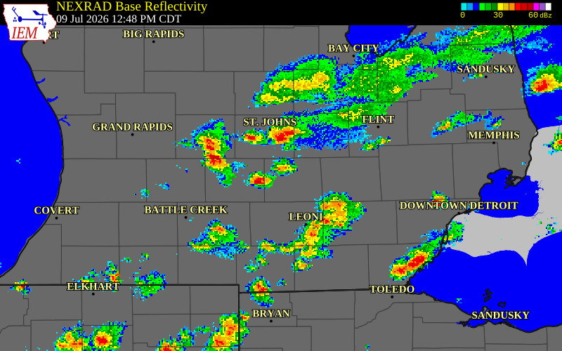 NEXRAD radar during the Thursday, July 9, 2026 storm activity in Eaton County, Michigan