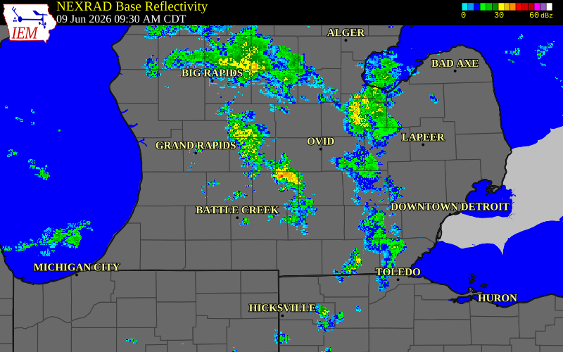 Radar snapshot during the Jun 9, 2026 tornado event near 2 SW Grand Ledge, Eaton County, Michigan, with NWS warning polygons
