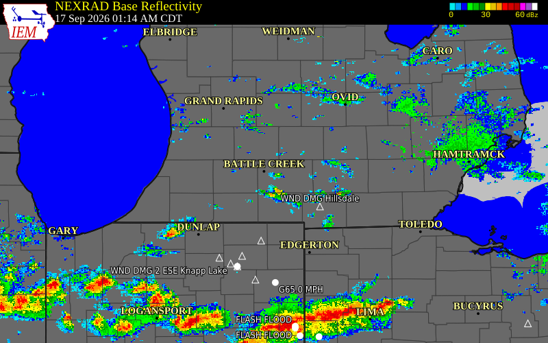 Current NEXRAD radar over Eaton County, Michigan with recent storm report locations