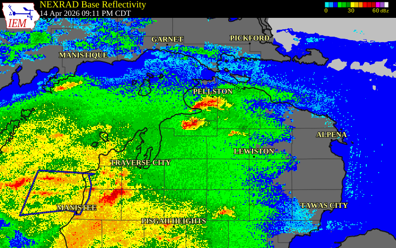 NEXRAD radar during the Tuesday, April 14, 2026 storm activity in Emmet County, Michigan