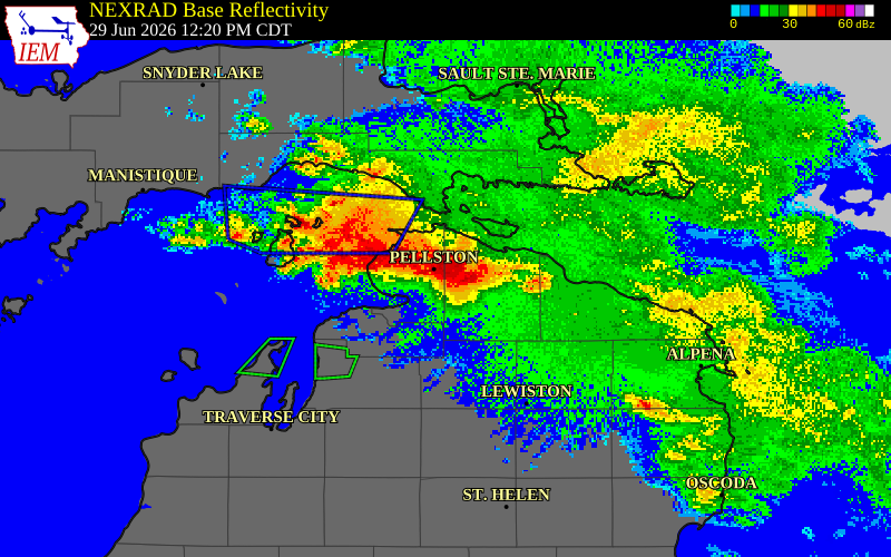 NEXRAD radar during the Monday, June 29, 2026 storm activity in Emmet County, Michigan