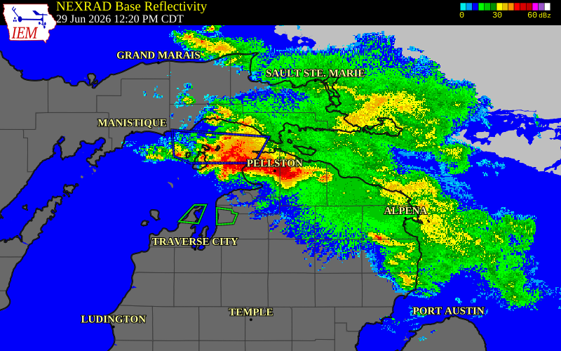 Radar snapshot during the Jun 29, 2026 hail event near Emmet County, Emmet County, Michigan, with NWS warning polygons