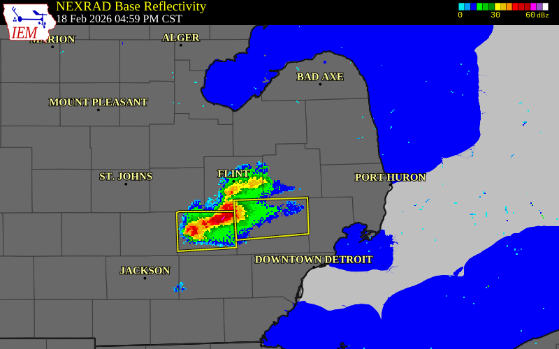 NEXRAD radar during the Wednesday, February 18, 2026 storm activity in Genesee County, Michigan
