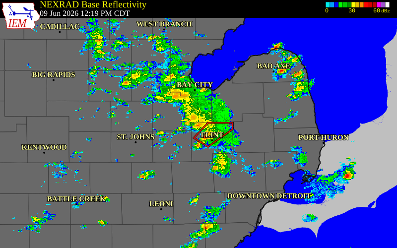 NEXRAD radar during the Tuesday, June 9, 2026 storm activity in Genesee County, Michigan