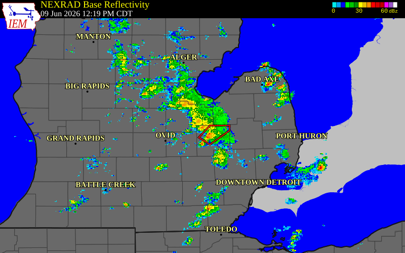 Radar snapshot during the Jun 9, 2026 tornado event near 3 NE Montrose, Genesee County, Michigan, with NWS warning polygons
