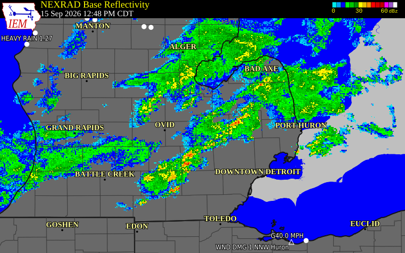 Current NEXRAD radar over Genesee County, Michigan with recent storm report locations