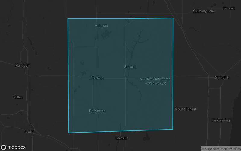 Map of Gladwin County, Michigan showing the county boundary and surrounding cities