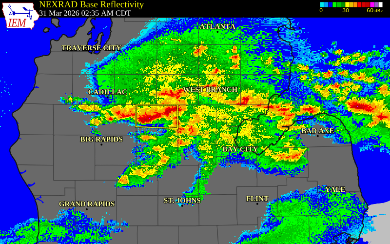 NEXRAD radar during the Tuesday, March 31, 2026 storm activity in Gladwin County, Michigan