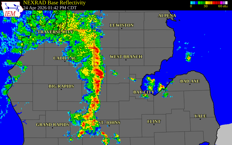 NEXRAD radar during the Friday, April 24, 2026 storm activity in Gladwin County, Michigan