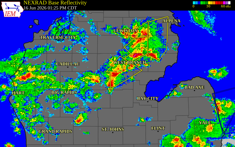 NEXRAD radar during the Tuesday, June 16, 2026 storm activity in Gladwin County, Michigan