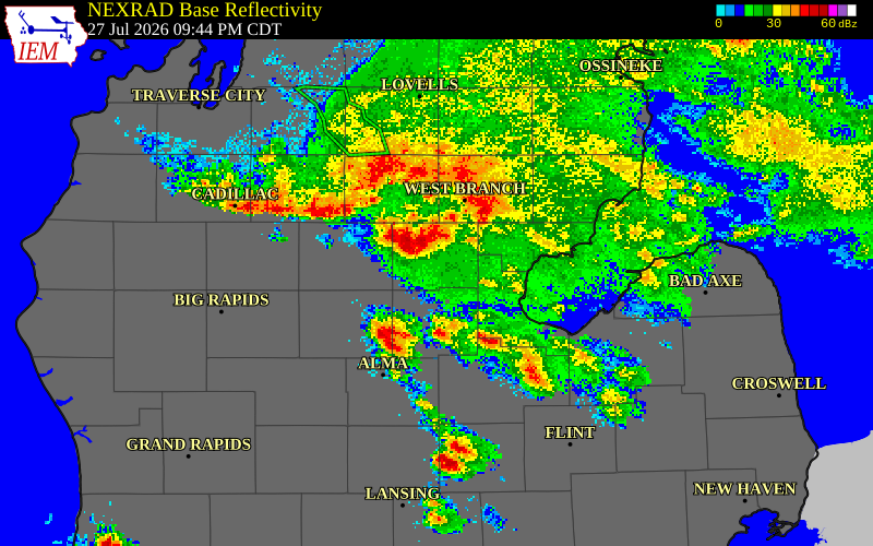 NEXRAD radar during the Monday, July 27, 2026 storm activity in Gladwin County, Michigan
