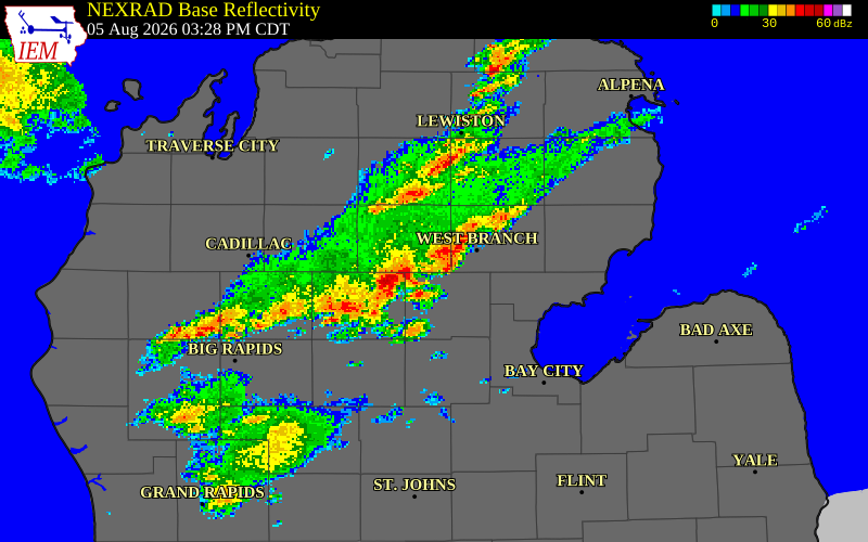 NEXRAD radar during the Wednesday, August 5, 2026 storm activity in Gladwin County, Michigan